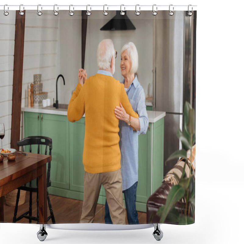 Personality  Back View Of Elderly Husband Dancing With Happy Wife In Kitchen Shower Curtains