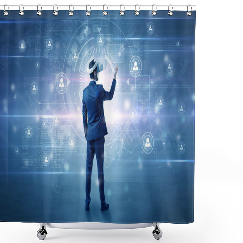 Personality  Businessman With Vj Glasses Checking Connectivity Shower Curtains