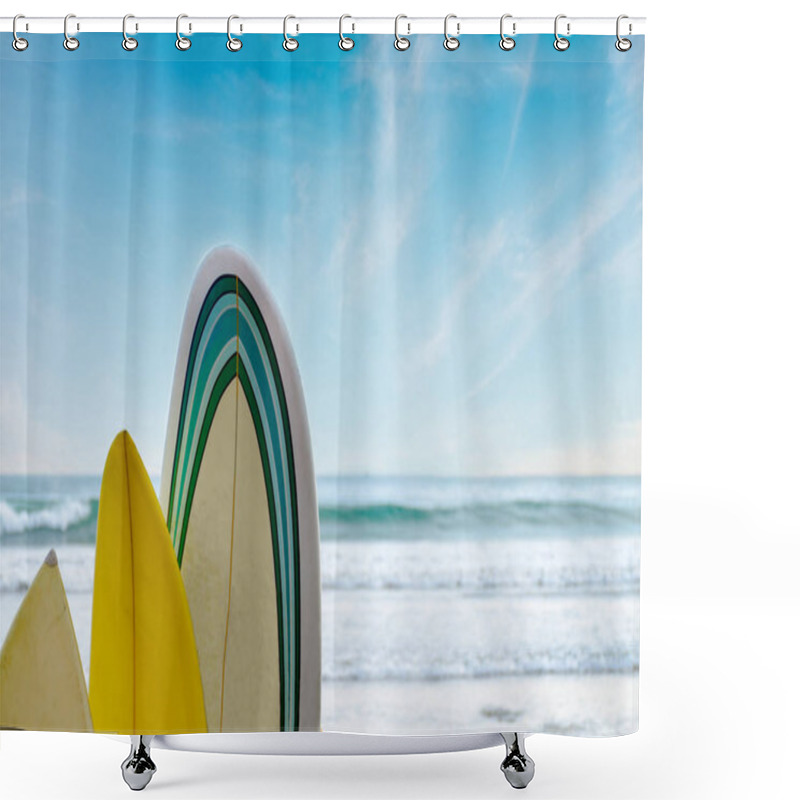 Personality  Surfboards Stand In A Row Against The Waves And Blue Sky, Concept Of Leisure, Sports Lifestyle, Escape From The City Bustle. Empty Place Fot Text, Copy Space. Shower Curtains