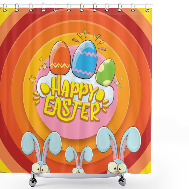 Personality  Happy Easter Greeting Card Wtih Bunny, Calligraphic Text, Clouds , Rainbow And Color Easter Eggs. Vector Easter Kids Cartoon Poster Shower Curtains