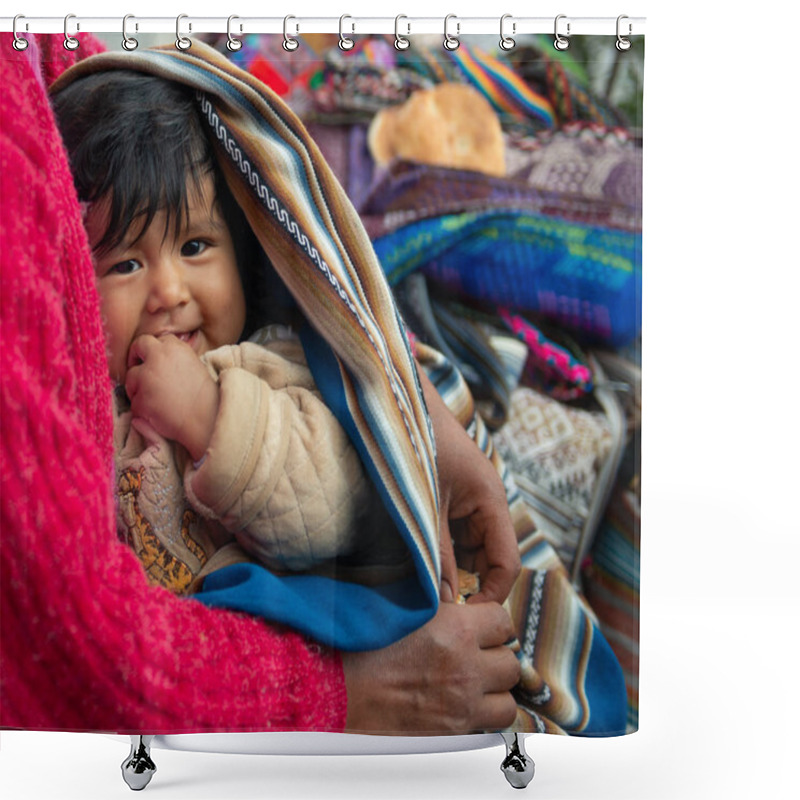 Personality  Peru Village - 12 October 2018 : Woman Holding Little Child Shower Curtains