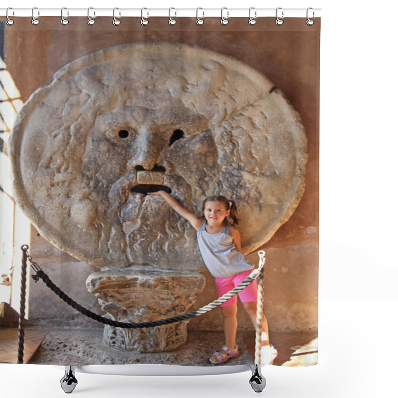 Personality  Nice Young Girl Puts Her Hand Inside The Bocca Della Verita, Rome Shower Curtains