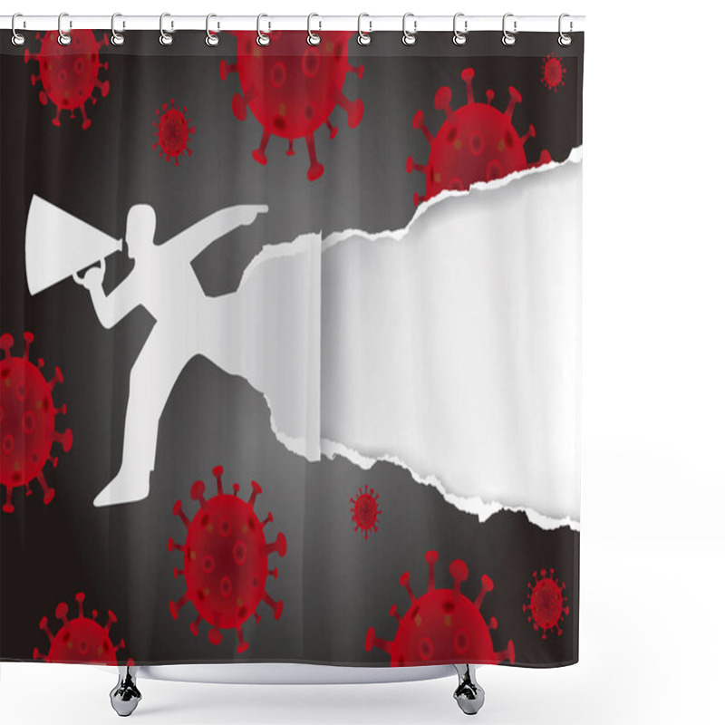 Personality  Running Man With Megaphone Ripped Paper With Coronavirus Symbols.Expressive Template For Announcement, Poster For Coronavirus Pandemic Theme. Place For Your Text Or Image. Vector Available. Shower Curtains