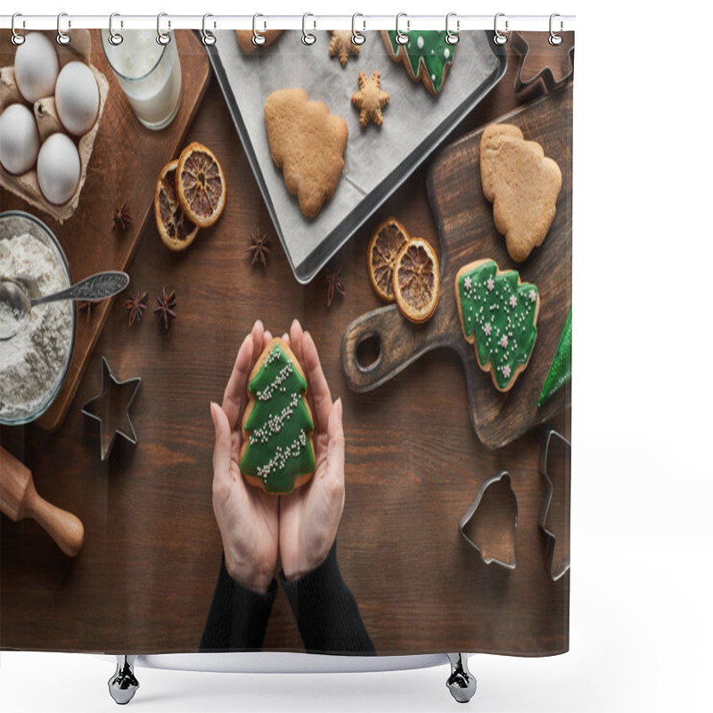 Personality  Cropped View Of Woman Holding Christmas Tree Cookie Near Ingredients And Spices On Wooden Table Shower Curtains