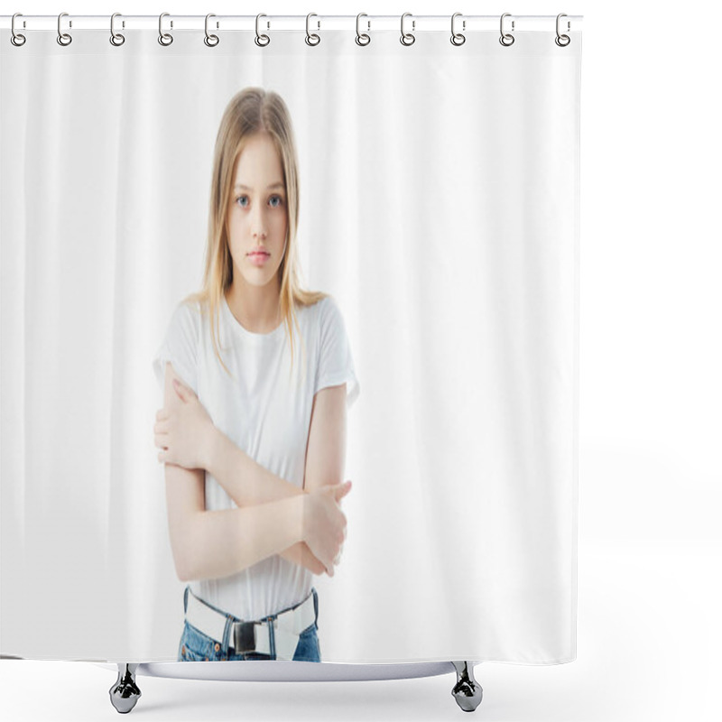 Personality  Sad Teenage Girl Frozen Up Isolated On White Shower Curtains