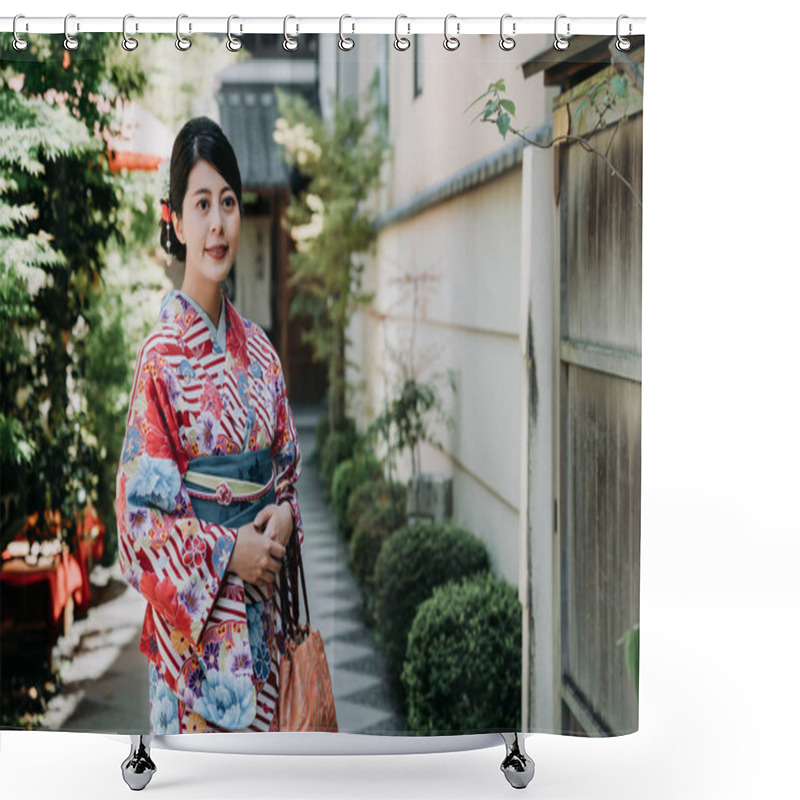 Personality  Local Japanese Woman Smiling Standing Outdoor Of Her House In Front Garden With Trees And Plants Near Bamboo Door. Young Girl Wearing Flower Colorful Kimono Dress Under Sunlight Waiting. Shower Curtains