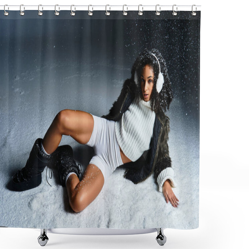 Personality  A Stunning African American Woman Embraces Winter Style, Showcasing Earmuffs And A Cozy Outfit Indoors. Shower Curtains