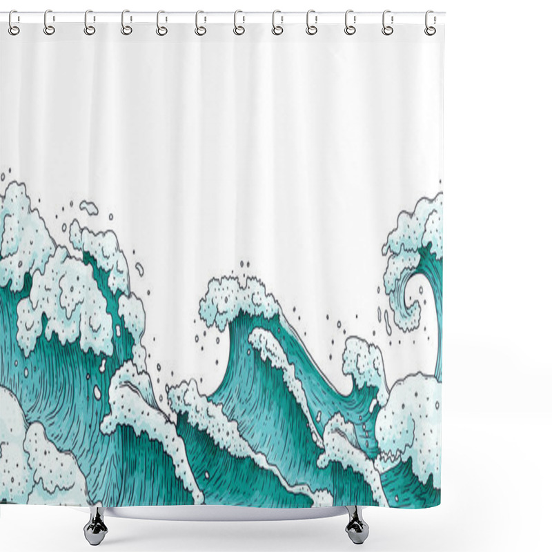 Personality  Dramatic Hand Drawn Stormy Sea Waves - Flat Banner Isolated On White Background. Shower Curtains