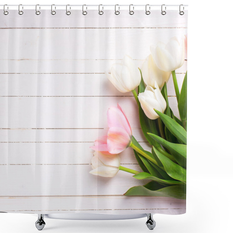 Personality  Background With Pink And White Tulip Flowers Shower Curtains