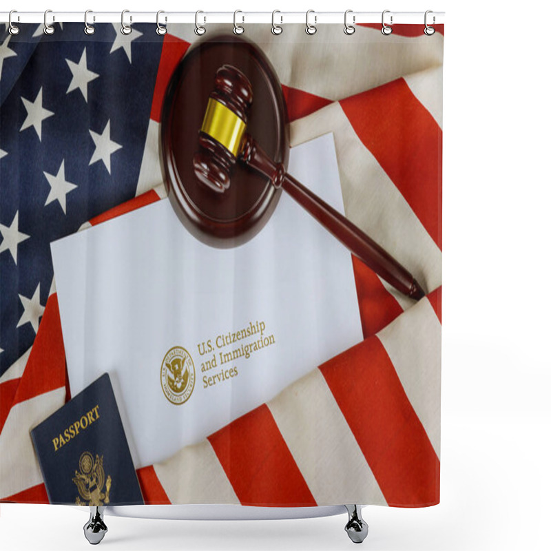 Personality  Wooden Gavel Justice Law With Official Department U.S Deportation USCIS Department Of Citizenship Immigration Security United States On American Flag Shower Curtains