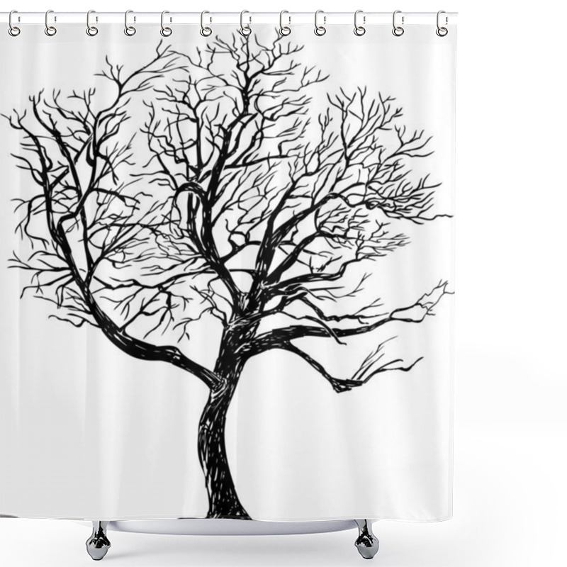 Personality  Freehand Drawing Of Silhouette Single Deciduous Bare Tree In Winter Season Shower Curtains