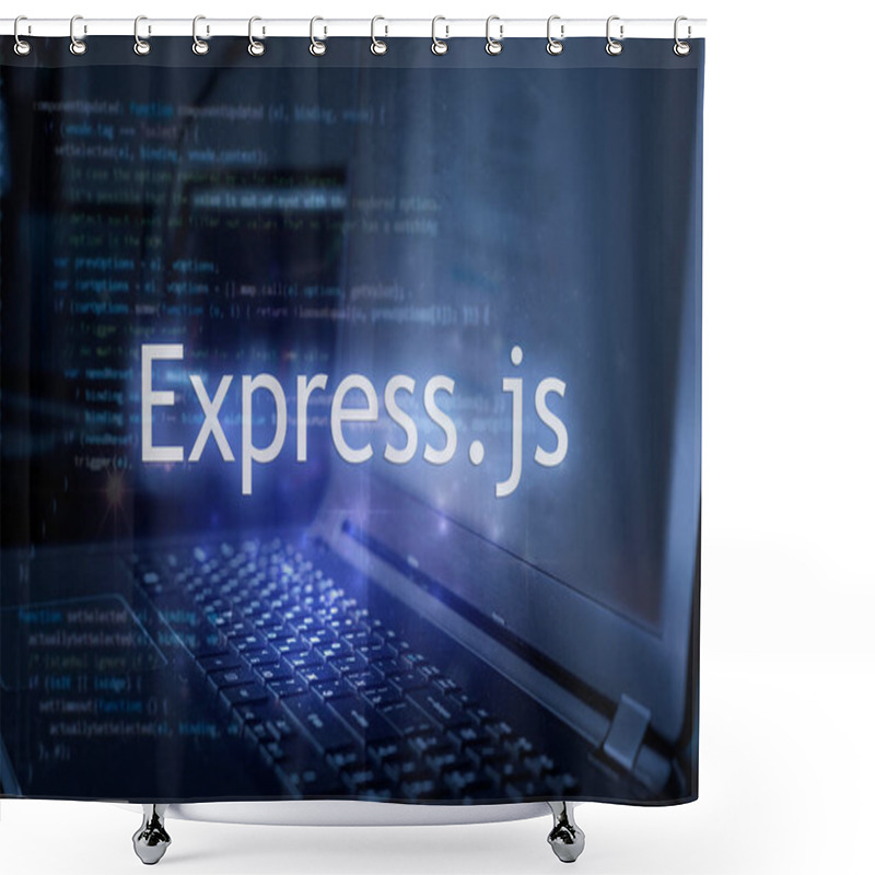 Personality  Express.js Inscription Against Laptop And Code Background. Learn Express JavaScript Programming Language, Computer Courses, Training.  Shower Curtains