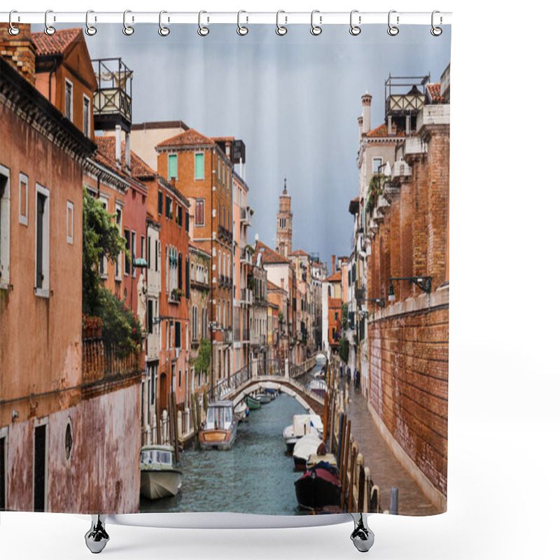 Personality  Bridge Above Canal, Motor Boats And Ancient Buildings In Venice, Italy  Shower Curtains