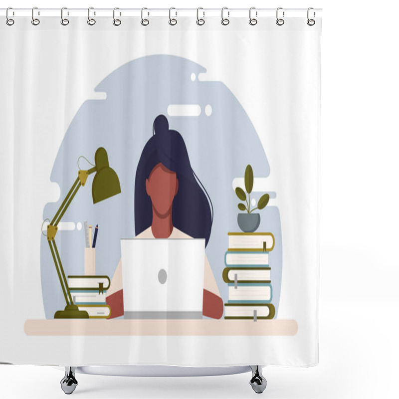 Personality  Girl With Laptop Sitting On The Chair. Shower Curtains