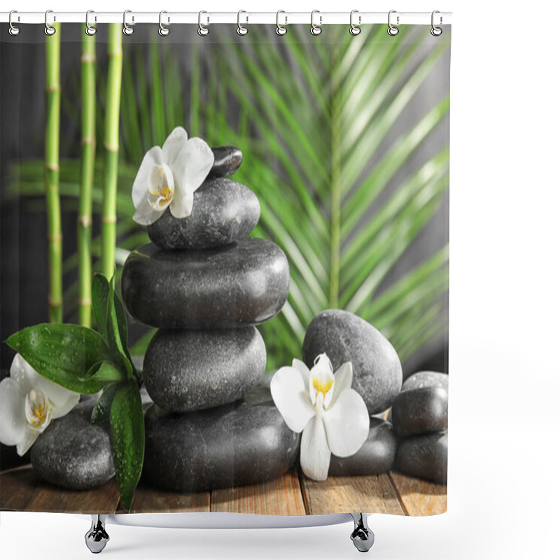 Personality  Spa Stones With Flowers On Wooden Table Against Blurred Bamboo Branches Shower Curtains