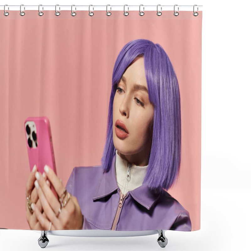 Personality  A Vibrant Woman With Purple Hair Is Focused On Her Smartphone In A Colorful Indoor Space. Shower Curtains