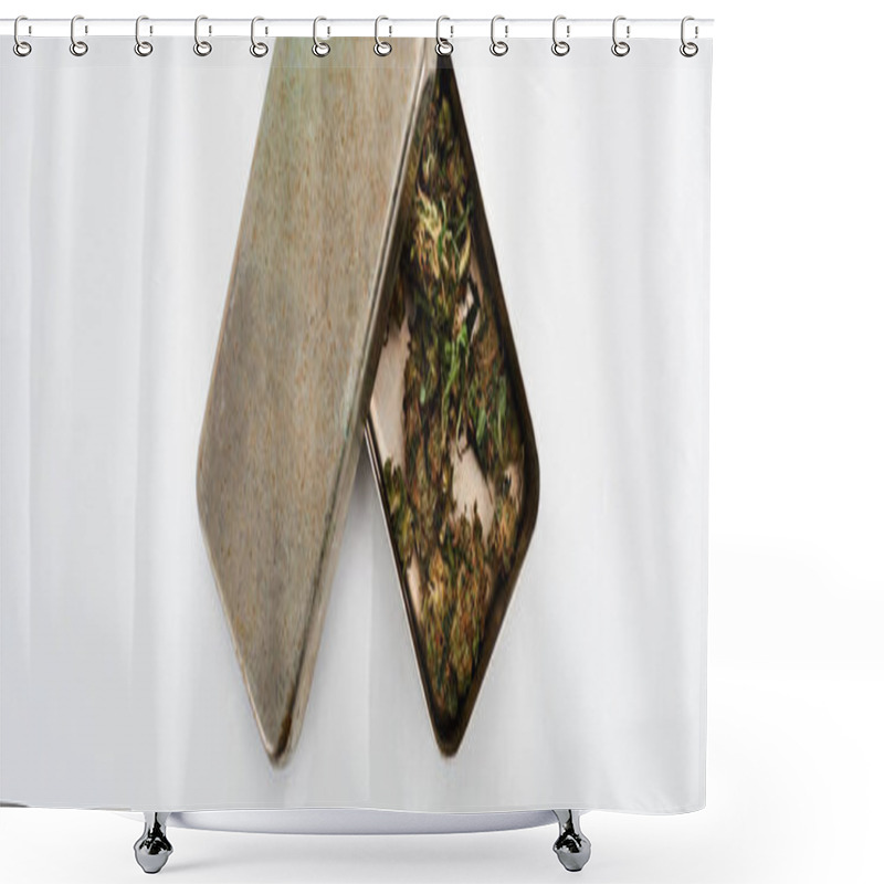 Personality  Top View Of Marijuana Buds In Metal Box On White Background, Panoramic Shot Shower Curtains