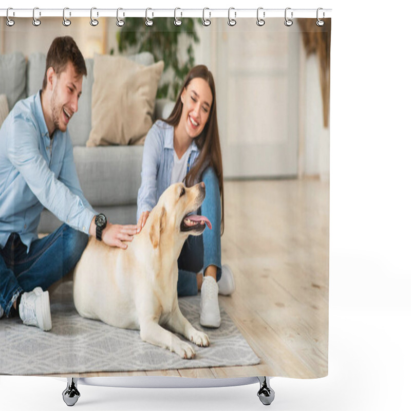 Personality  Young Family Of Two Sitting On Floor With Dog Shower Curtains