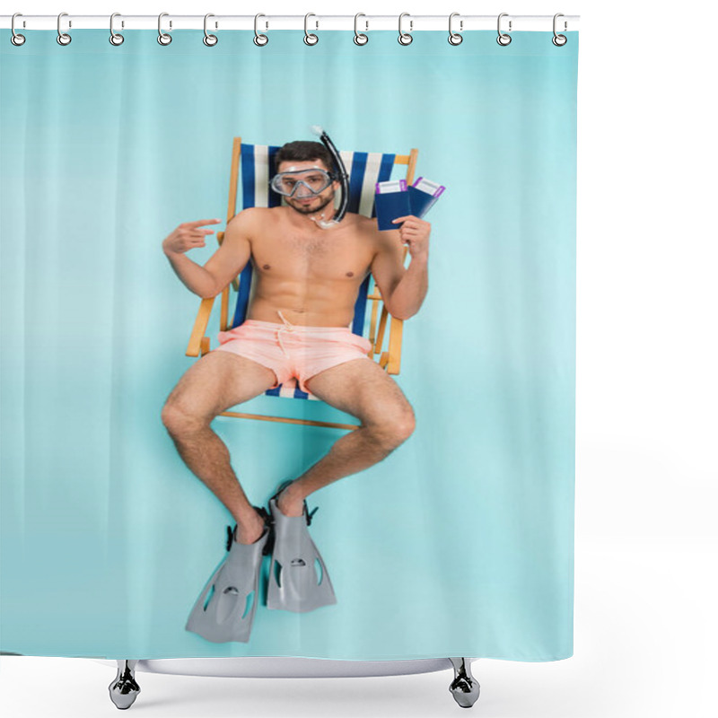 Personality  High Angle View Of Shirtless Man In Swimming Goggles And Flippers Pointing At Passports And Air Tickets On Blue Background  Shower Curtains