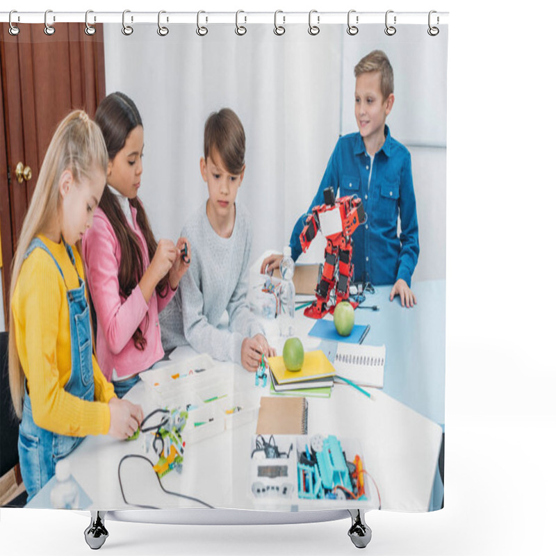 Personality  Focused Children Working Together On STEM Project In Classrom Shower Curtains