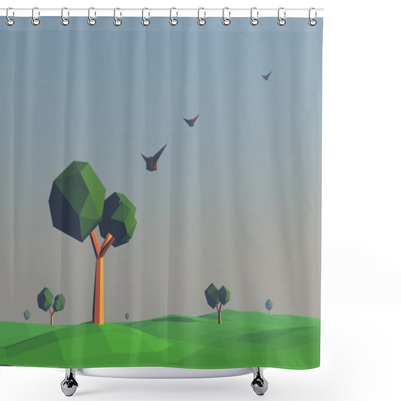 Personality  Low Poly Landscape With Fields And Trees. Nature Scene At Sunset, Flying Birds. 3d Render Illustration. Shower Curtains