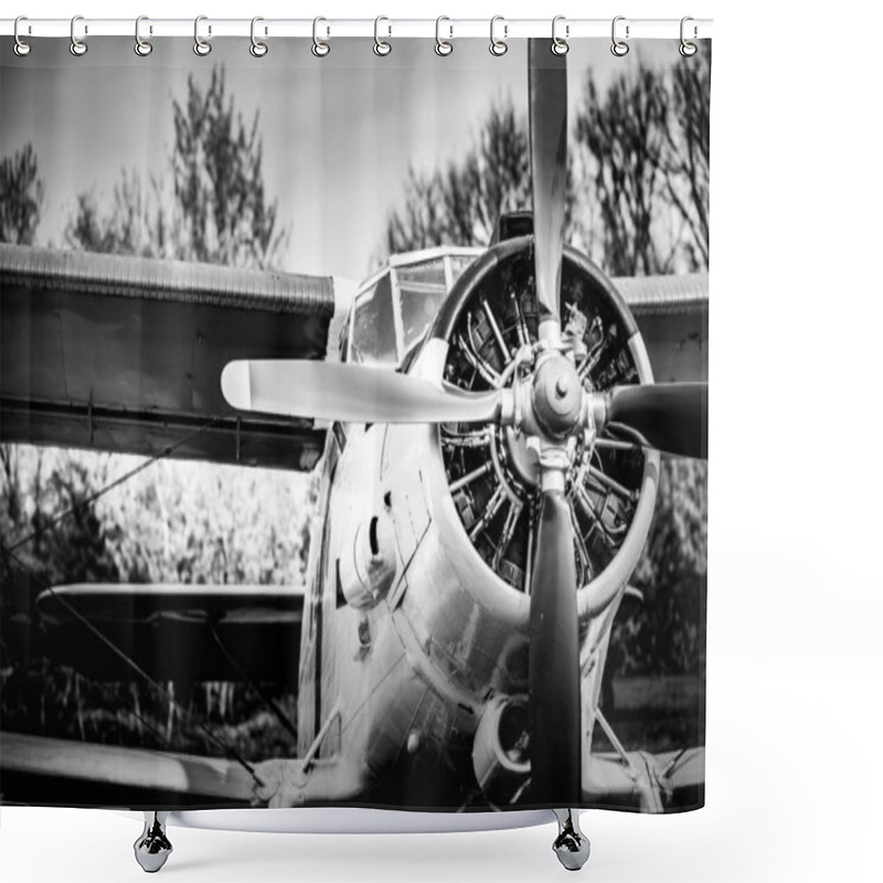 Personality  Duster Airplane On Airfield. Old Aircraft Close Up, Rotor, Engine. Shower Curtains