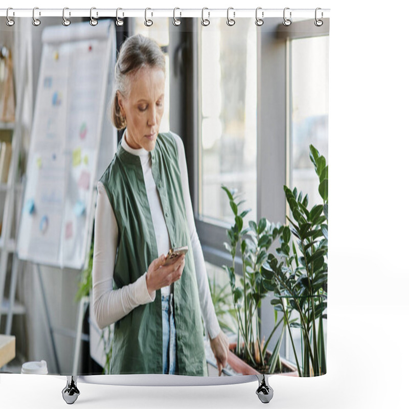 Personality  Attractive Businesswoman, In A Green Vest, Engrossed In Her Cell Phone. Shower Curtains