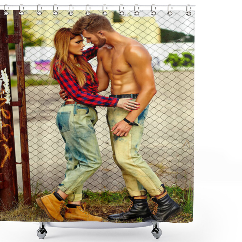 Personality  Sexy Stylish Blond Young Woman Model With Bright Makeup With Perfect Sunbathed Skin And Handsome Muscled Man In Jeans Outdoors Shower Curtains