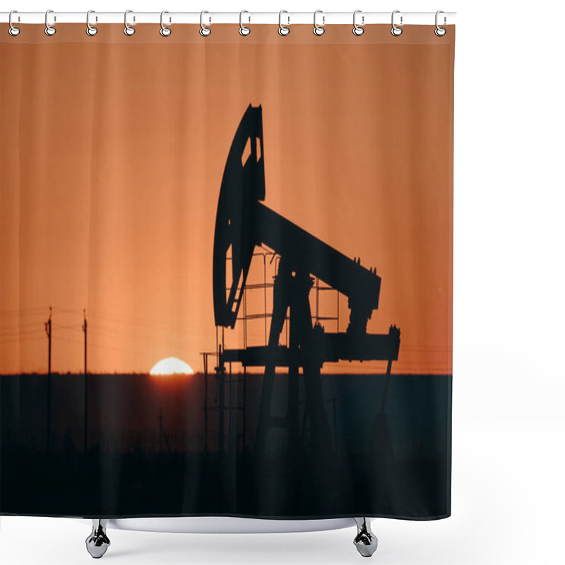 Personality  Oil Pump At Sunset. World Oil Industry. A Oil Pump Is The Overground Drive For A Reciprocating Piston Pump In An Oil Well. Shower Curtains