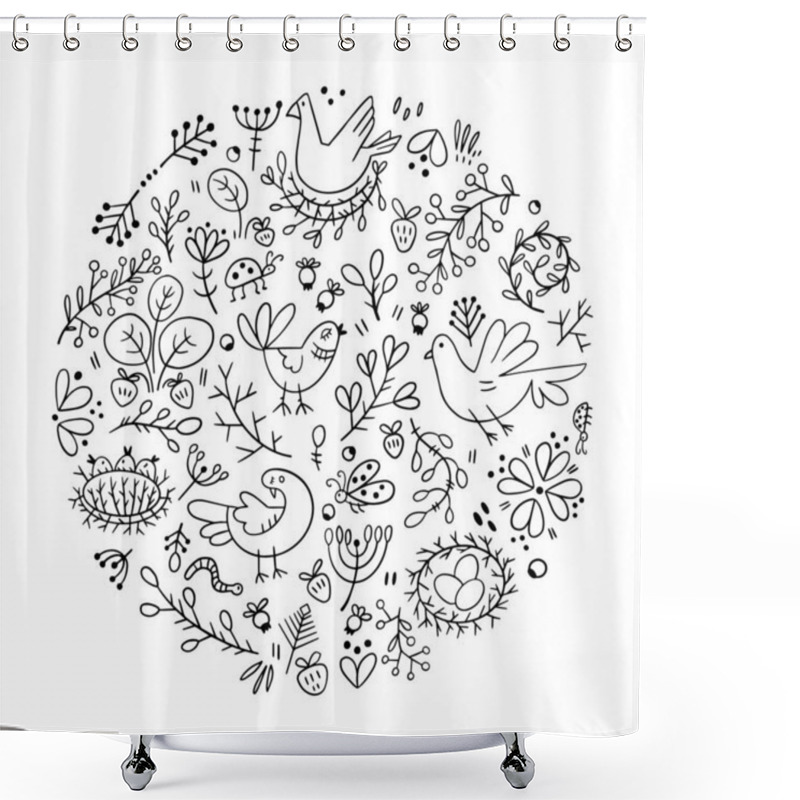 Personality  Design Elements On The Theme Of Nature, Plants, Birds. Doodle Style In Circle Shape Composition. Shower Curtains