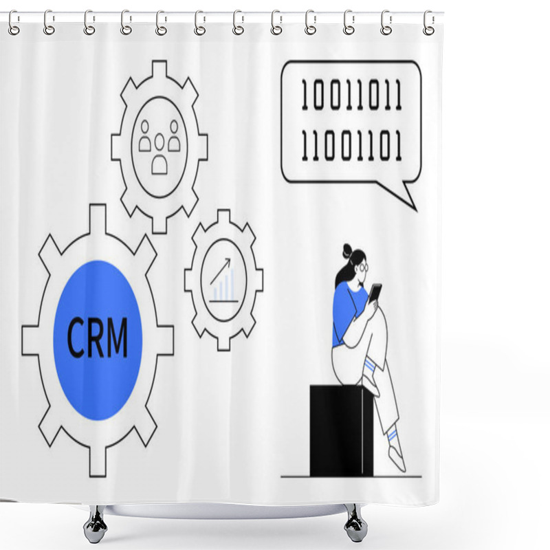 Personality  Three Gears With CRM, User Icon, And Growth Chart Next To Woman With Tablet And Binary Code. Ideal For Business Strategy, Customer Support, Software, Team Management, Analytics, Tech Solutions Shower Curtains