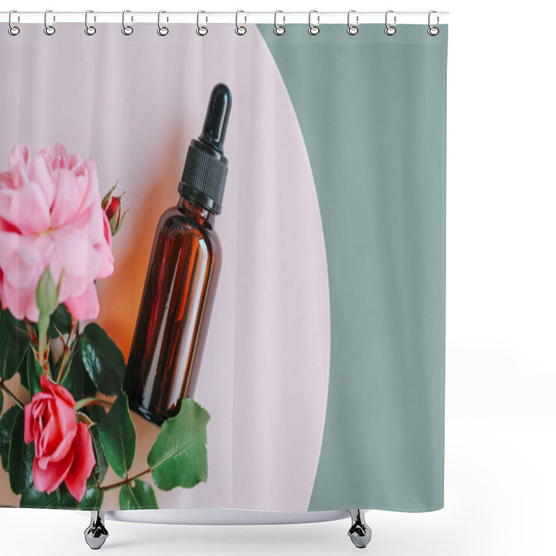 Personality  Rose Water.Rose Oil In A Glass Bottle On A Gray Background. View From Above .Aromatherapy And Cosmetics.Organic Natural Rose Oil.Organic Bio Cosmetics Shower Curtains