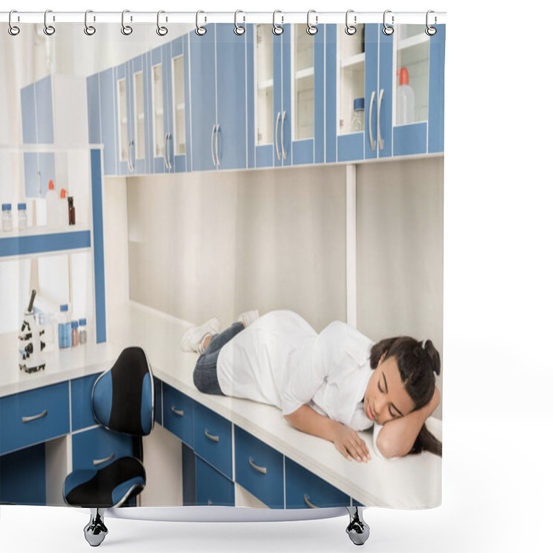 Personality  Girl Scientist Sleeping On Table In Laboratory Shower Curtains