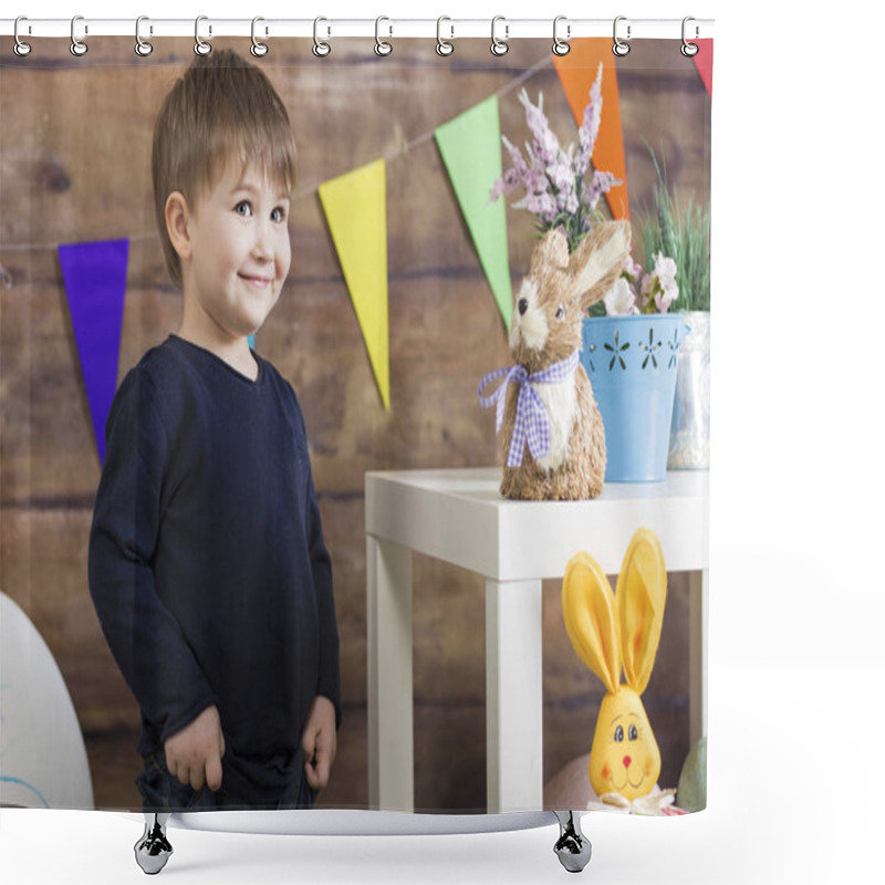 Personality  Happy Easter! Happy Baby Boy Playing On Easter Day. Easter Decor Shower Curtains