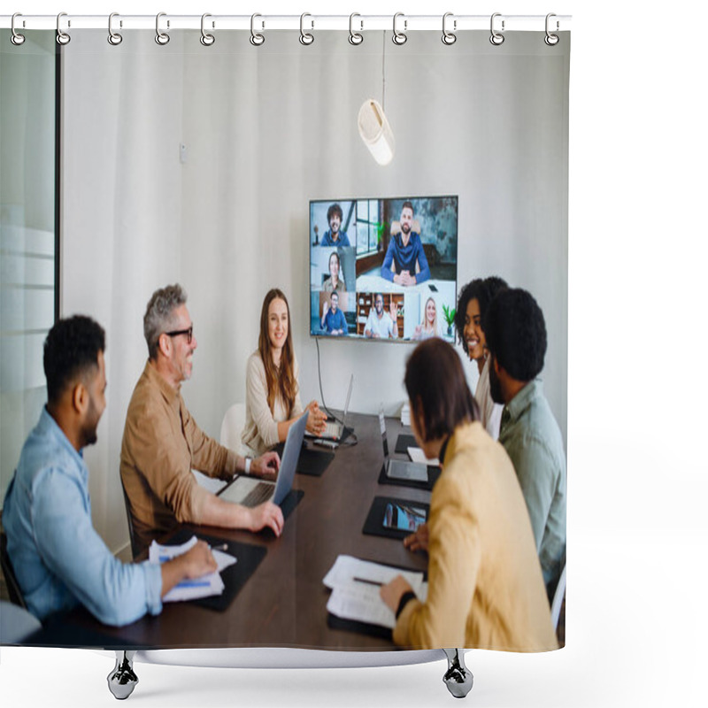 Personality  A Lively And Productive Team Meeting Is Captured Where Colleagues Are Connected Via A Large Screen, Showcasing A Blend Of In-person And Remote Collaboration. Virtual Meeting Concept Shower Curtains