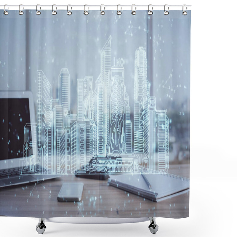 Personality  Desktop Computer Background In Office And Big Town Buildings Hologram Drawing. Double Exposure. Smart City Concept. Shower Curtains