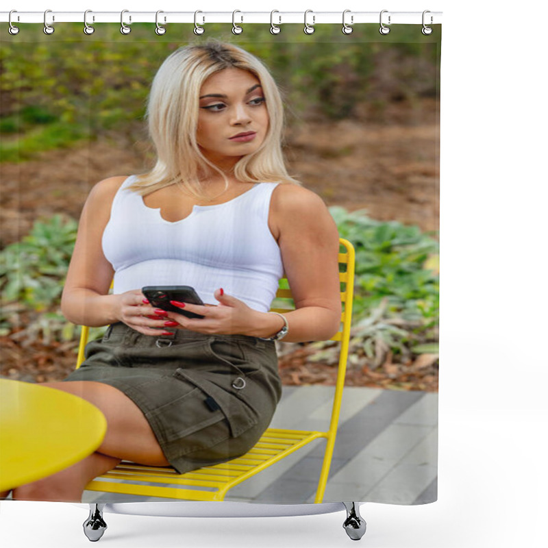 Personality  A Young Woman Strolls Her Quaint Town On A Lovely Spring Day, Phone In Hand. Surrounded By Blooming Flowers And Warm Sunlight, She Stays Connected, Blending Technology With The Charm Of Her Serene Surroundings Shower Curtains