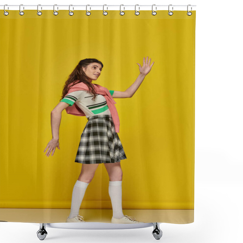 Personality  Young Woman Acting Like A Doll, Gesturing Unnaturally, Standing On Yellow Backdrop, Student Shower Curtains