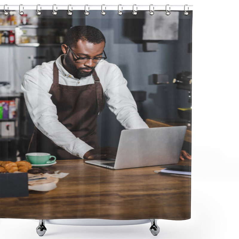 Personality  Young African American Barista Using Laptop While Working In Cafe Shower Curtains