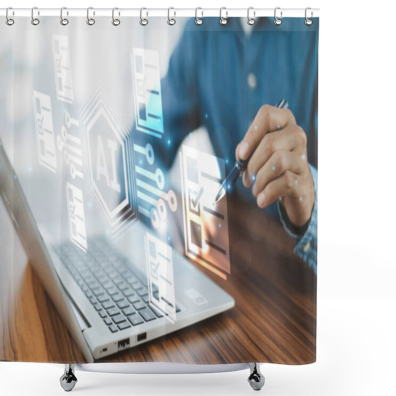 Personality  A Businessman Uses An AI Assistant For Document Management, Streamlining Processes, Increasing Productivity, And Ensuring Accurate Organization And Retrieval Of Important Files. Shower Curtains