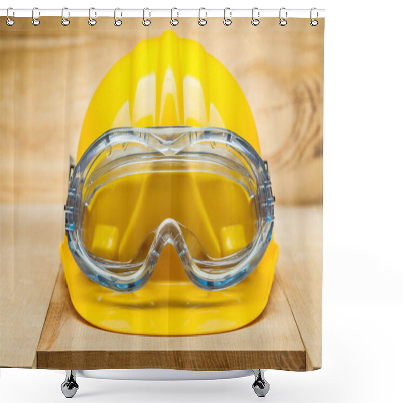 Personality  Safety Tools. Yellow Construction Helmet With Blue Goggles On Wo Shower Curtains