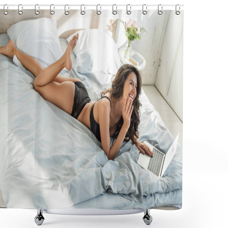 Personality  KYIV, UKRAINE - MARCH 13, 2020: Smiling Girl In Lingerie Using Laptop With Google Website On Bed  Shower Curtains