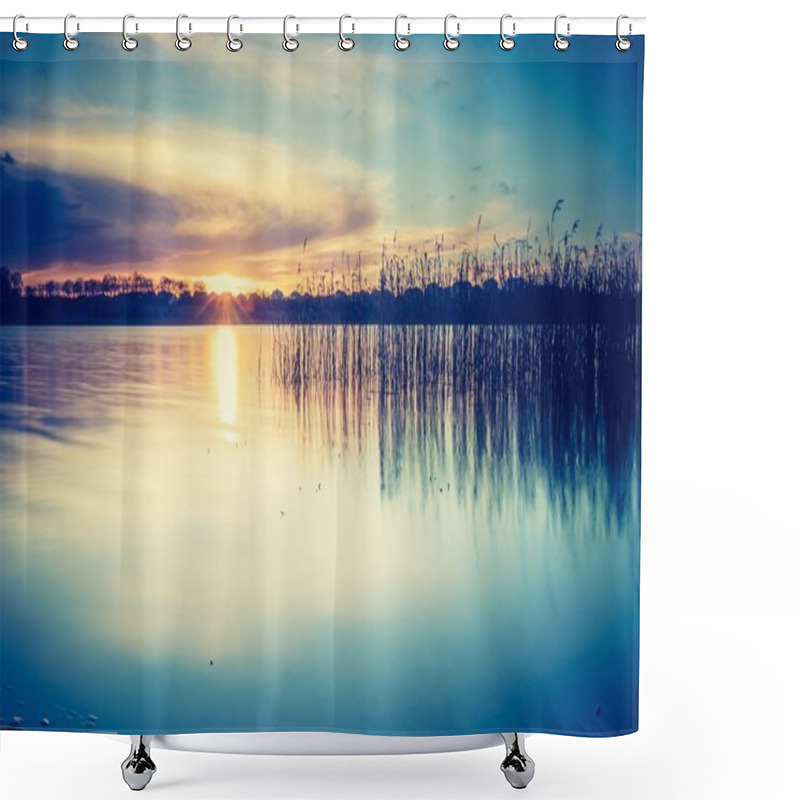 Personality  Sunset Over Calm Lake Shower Curtains