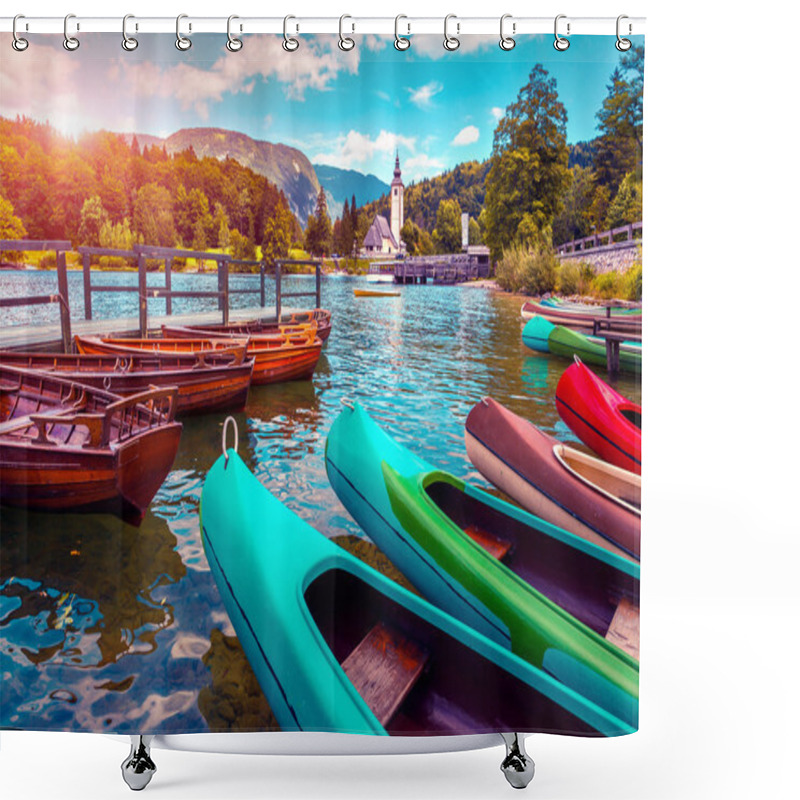 Personality  Bohinj Lake With Boats And Church Shower Curtains