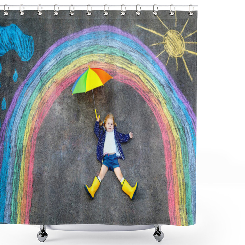 Personality  Happy Little Toddler Girl In Rubber Boots With Rainbow Painted With Colorful Chalks On Ground During Pandemic Coronavirus Quarantine. Children Painting Rainbows Along With The Words Lets All Be Well Shower Curtains