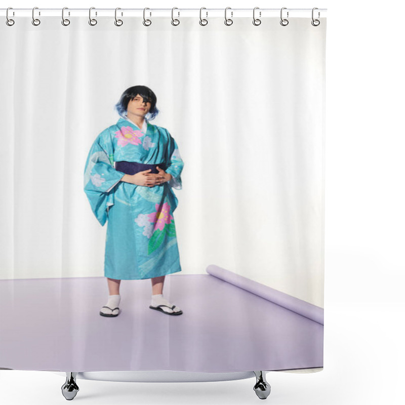 Personality  Full Length Of Young Man In Blue Kimono And Wig On Purple Carpet In White Studio, Cosplay Concept Shower Curtains