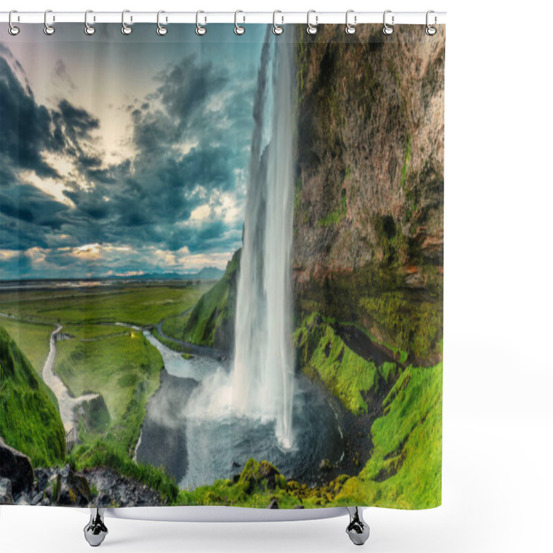 Personality  Panoramic Landscape Of Beautiful Seljalandsfoss Waterfall Flowing And Lush Field On Gloomy Day In Summer At Iceland Shower Curtains