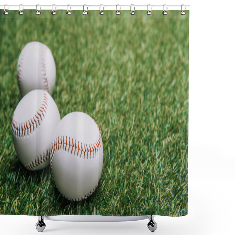 Personality  Close Up View Of White Baseball Balls On Green Lawn Shower Curtains