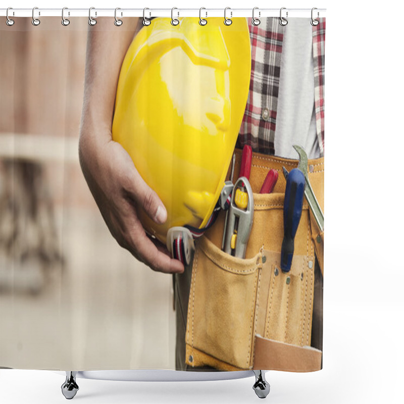 Personality  Close-up Of Hard Hat Holding By Construction Worker Shower Curtains