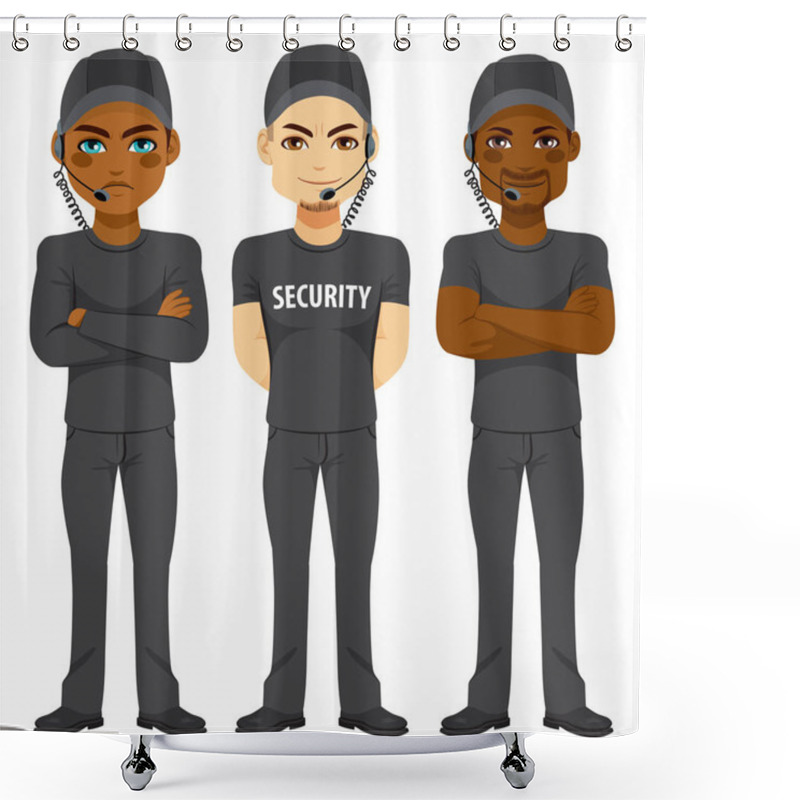 Personality  Strong Bodyguard Team Of Different Ethnicity Working In Security Wearing Same Black Uniform With Sunglasses And Headset Shower Curtains